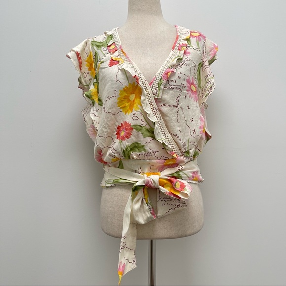 Calypso St. Barth Floral Wrap Ruffle Linen Blend Natural Shirt Size Large - Picture 2 of 11